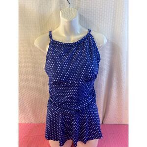 Kim Rogers bathing suit top large blue white dots rn#31104